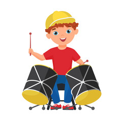 Little boy playing drums. Child drummer, musical performance vector cartoon illustration