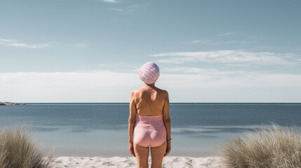 Fototapeta na wymiar Old or senior woman, standing by a beach wearing a swimsuit and a swimming cap, ready to go swimming in the sea. Concept of active lifestyle for elders. Shallow field of view.