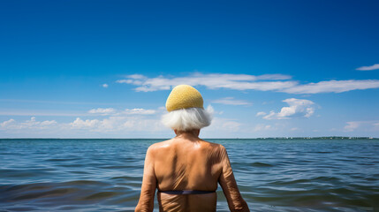 Old or senior woman, standing by a beach wearing a swimsuit and a swimming cap, ready to go swimming in the sea. Concept of active lifestyle for elders. Shallow field of view.