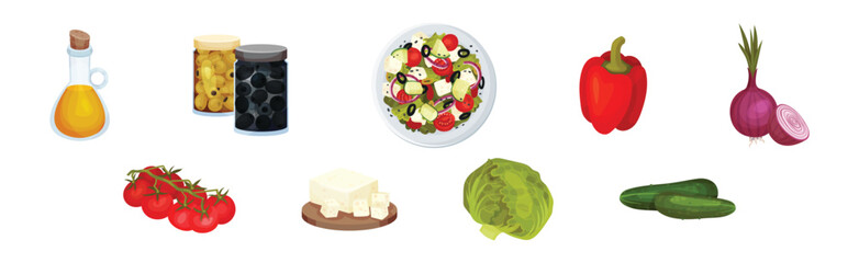 Greek Salad Ingredients with Olive Oil, Pepper, Tomato, Cucumber, Onion and Served Bowl Vector Set