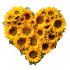 A heart made of sunflowers isolated on a transparent background