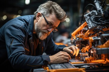 Engineer assembling a robotic arm for industrial applications - stock photography concepts