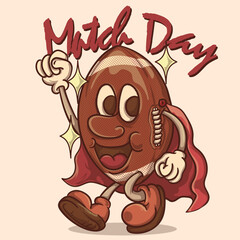 match day. super hero gridiron american football mascot vintage style vector illustration with happy  face.