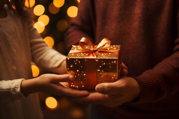 fathers hand giving a gift box to daughter, bokeh light background