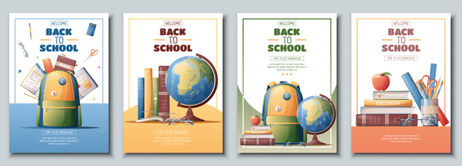Set of school banners, flyers with backpack, globe, books. Back to school, teacher's day, love of knowledge. Background, poster with school supplies.