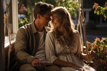 Couple enjoying a quiet moment on a porch swing - stock photography concepts