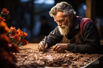 Craftsman carving intricate patterns on a piece of wood - stock photography concepts