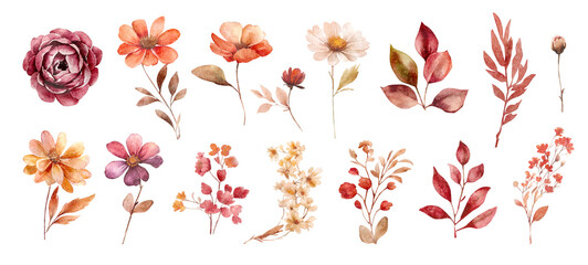 Fall floral wreath, autumn flowers and leaves.Watercolor orange leaves and wildflower clipart for autumn. Invitation or floral card design. PNG clipart.
