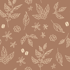 Coffee leaves, beans and flowers background. Hand drawn line art drawings of coffee branches and stems. Plant. Nature. Seamless pattern, banner, digital paper, wallpaper. Chocolate colors.