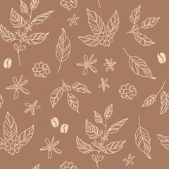 Fototapeta premium Coffee leaves, beans and flowers background. Hand drawn line art drawings of coffee branches and stems. Plant. Nature. Seamless pattern, banner, digital paper, wallpaper. Chocolate colors.