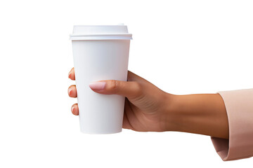 Female hand holding a paper cup for coffee on a white isolated background.Mockup of a disposable cup. Element for design.