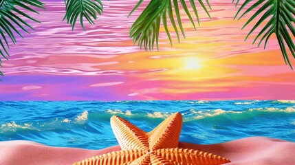 Fototapeta na wymiar Summer sunset sky with deep blue ocean starfish seascape, vivid vaporwave colors, aquatic marine life wallpaper, travel and holiday destination background, tropical paradise - generative AI 