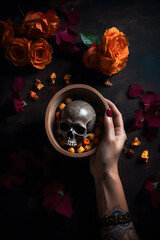 Woman with rose petals and a skull in a pestle and mortar. Dia de los muertos. Woman during dia de los muertos