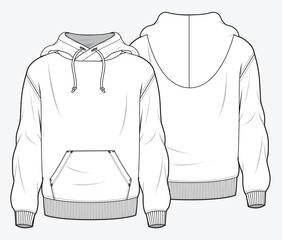 Designer hoodie front and back view technical flat drawing vector template