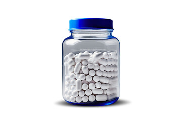 Plastic jar with capsules or tablets. drug drug. jar mockup. Pills poured out of an open jar with a vitamin. Place for logo and text. Element for design.