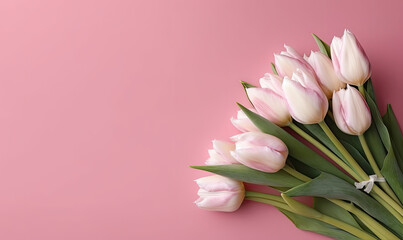 Wallpaper with tulips. Flower on pink background. For banner, postcard, book illustration, products display presentation. Created with generative AI tools