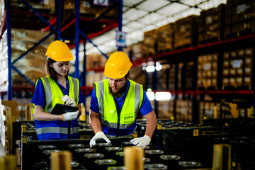 checking and inspecting metal machine part items for shipping. male and woman worker checking the...