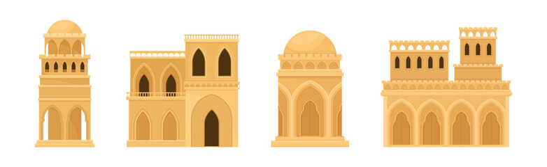 Arabic Architecture and Buildings with Arch Window Geometric Ornament Vector Set