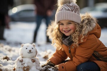 Kids building a snowman in a snowy park  - stock photography concepts