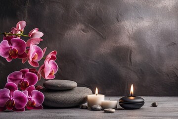 Beautiful asian spa composition with candles, orchids, and massage hot stones on wellness center sustainable interior background. Beauty spa treatment and relaxation concept. Generative ai