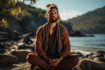 Man practicing mindfulness and meditation on a beach - stock photography concepts