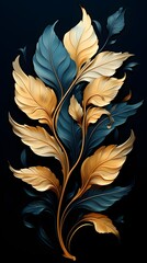 Blue and gold tree leaves design. Great for wall art and home decor. Golden and dark blue leaves on black background . Ai generative.
