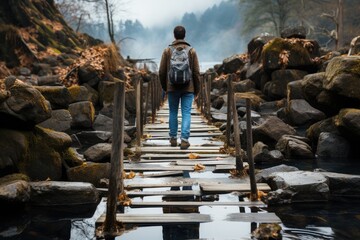 Person crossing a bridge as a metaphor - stock photography concepts - obrazy, fototapety, plakaty