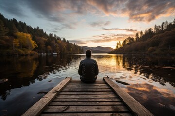 Naklejka na ściany i meble Person sitting alone on a quiet dock - stock photography concepts