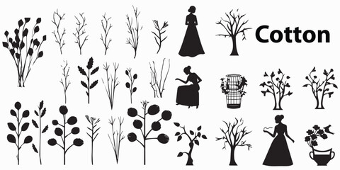 Silhouettes of people with cotton tree silhouette vector illustration