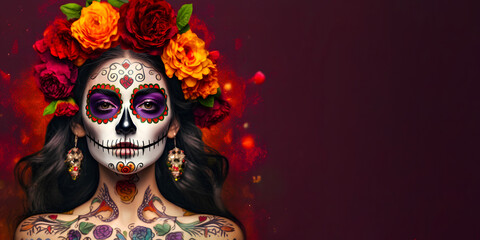 Dia de los  muertos, person masked as calavera. Woman in dia de los muertos. Space on the right for text or other  - obrazy, fototapety, plakaty