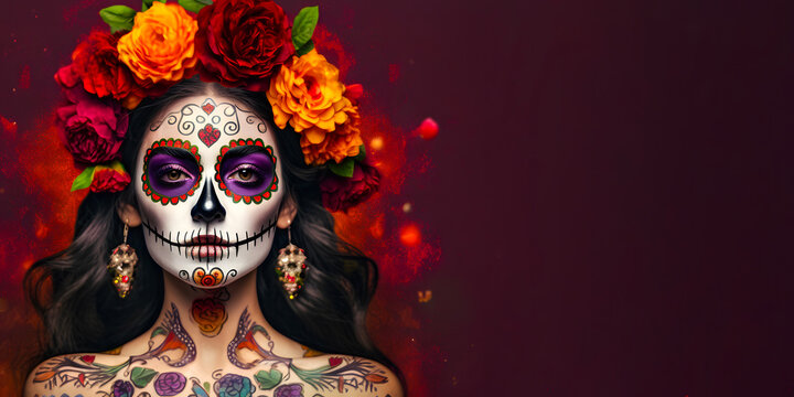 Dia de los  muertos, person masked as calavera. Woman in dia de los muertos. Space on the right for text or other 