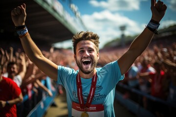 Runner crossing a finish line with arms raised - stock photography concepts