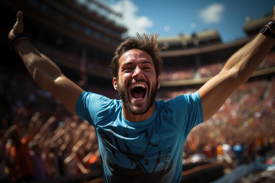 Runner crossing a finish line with arms raised - stock photography concepts