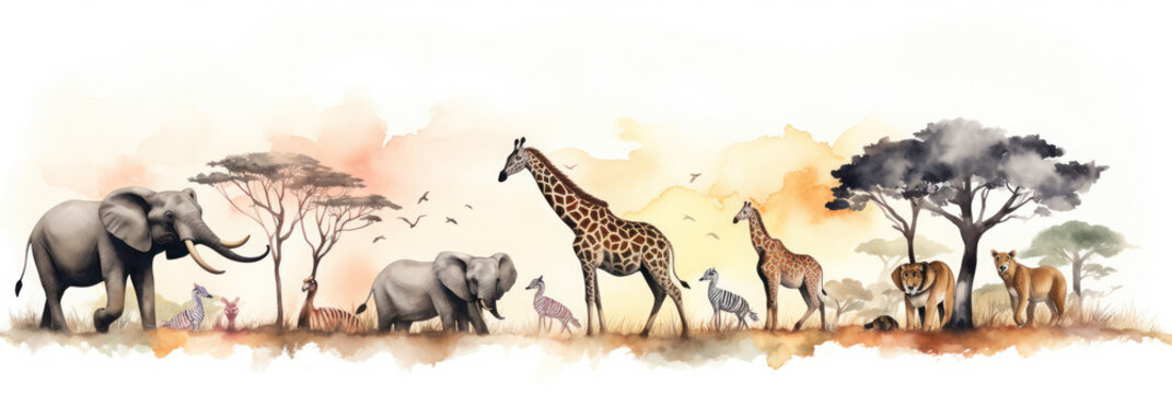 watercolor painting of Safari group animals vector graphic