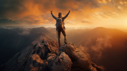climber standing on the mountain with his hands up to success