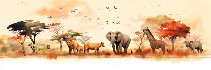 watercolor painting of Safari group animals vector graphic