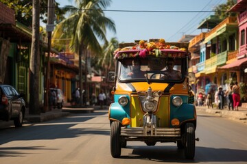 Tourists riding on a colorful tuk-tuk through narrow street - stock photography concepts