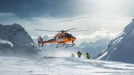 Fototapeta na wymiar Rescue helicopter landing at snow mountains and skating snowboarder