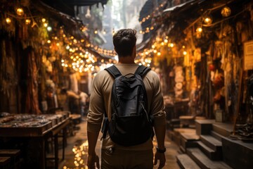 Obraz premium Traveler exploring a vibrant marketplace - stock photography concepts