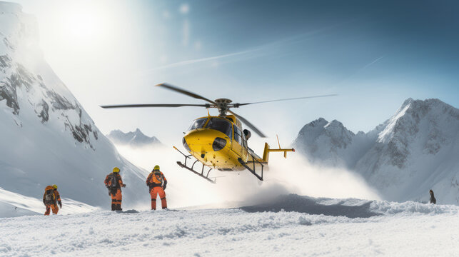Rescue helicopter landing at snow mountains and skating snowboarder