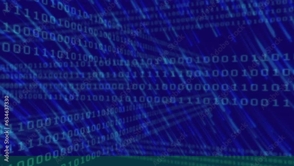 Poster animation of looping binary codes and falling beams over blue background