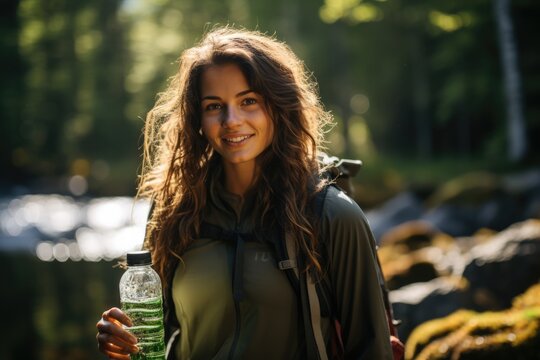 Woman hydrating with a water bottle during a hike - stock photography concepts