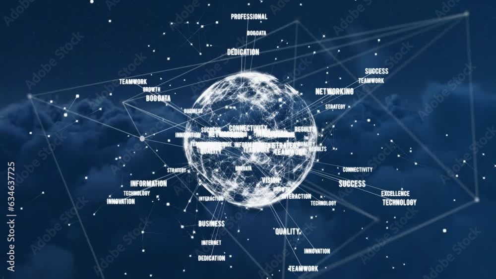 Poster animation of text around globe and connected dots over dense clouds in background