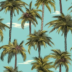 Palm trees blue sky seamless pattern. Generate Ai