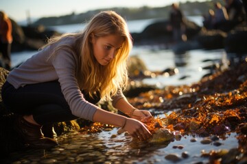 Young girl exploring a tide pool - stock photography concepts