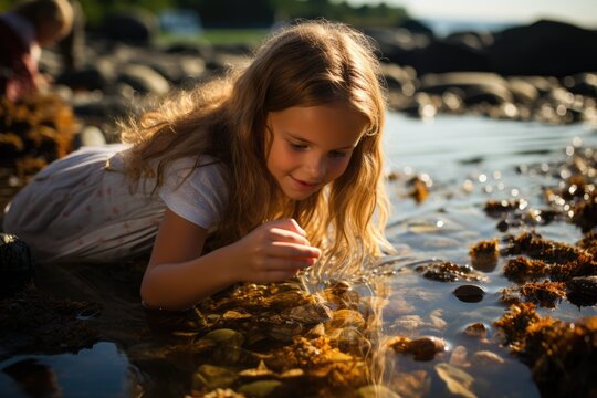 Young girl exploring a tide pool - stock photography concepts - Powered by Adobe