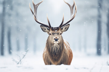 Deer with large antlers in a snowy forest, brown coat and large antlers, snowflakes