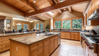 Fototapeta premium Kitchen interior in a wooden house with high ceilings and beams.