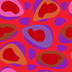 Trend color vector seamless pattern. Colorful art abstract bright geometric print. Purple rose orange, green, violet spot on red background. Fabric. Candy circle. Neon trippy wallpaper. Wrapping paper