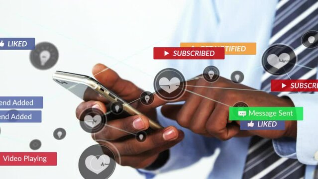Animation of notification bars, connected icons, midsection of african american man using cellphone